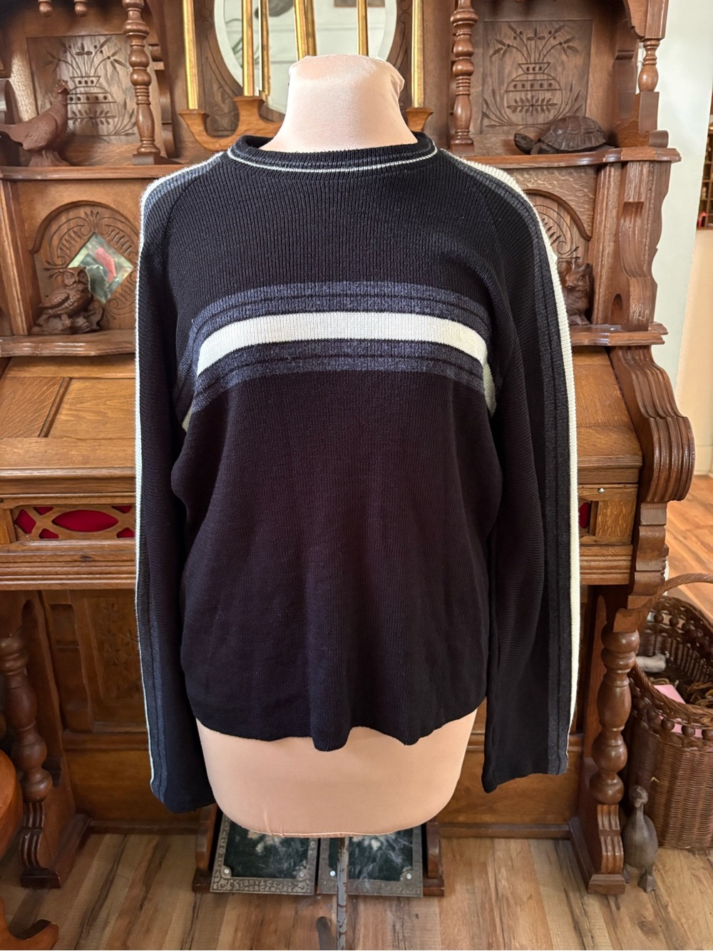 Vintage Retro 80s Cattivo Black Knit Sweater with White and Gray Stripes